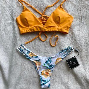 Lace-Up Braided Flower Bikini Set